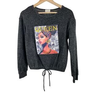 Free Kisses Women's Size M Gray Beaded Fashion QUEEN Drawstring Waist Knit Top